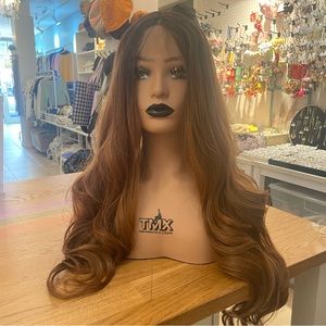 Human hair blend lace front brown with dark root wig.